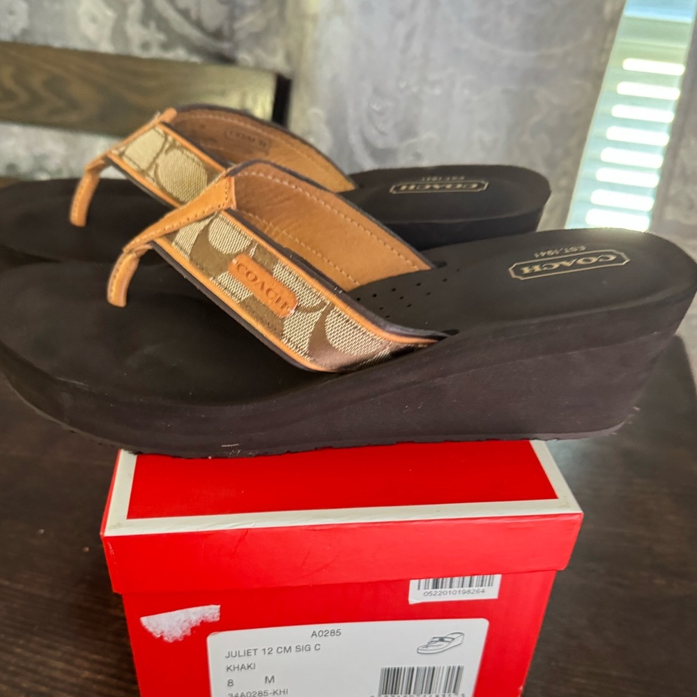 Coach Black Platform Wedge Flip Sandals with Tan Signature Straps - Picture 8 of 10